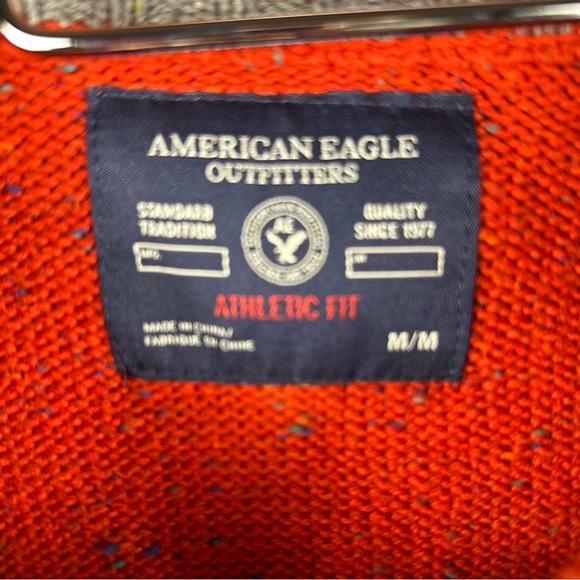 American Eagle Men’s M Outfitters Pullover Sweater Orange Fleck Elbow Patches - Picture 3 of 10